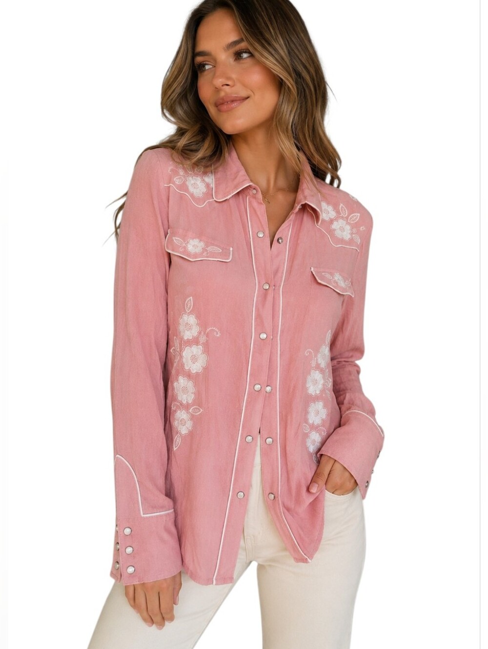 STETSON Pink Embroidered Western Snap Shirt Floral Pearl Snap Top. Size S